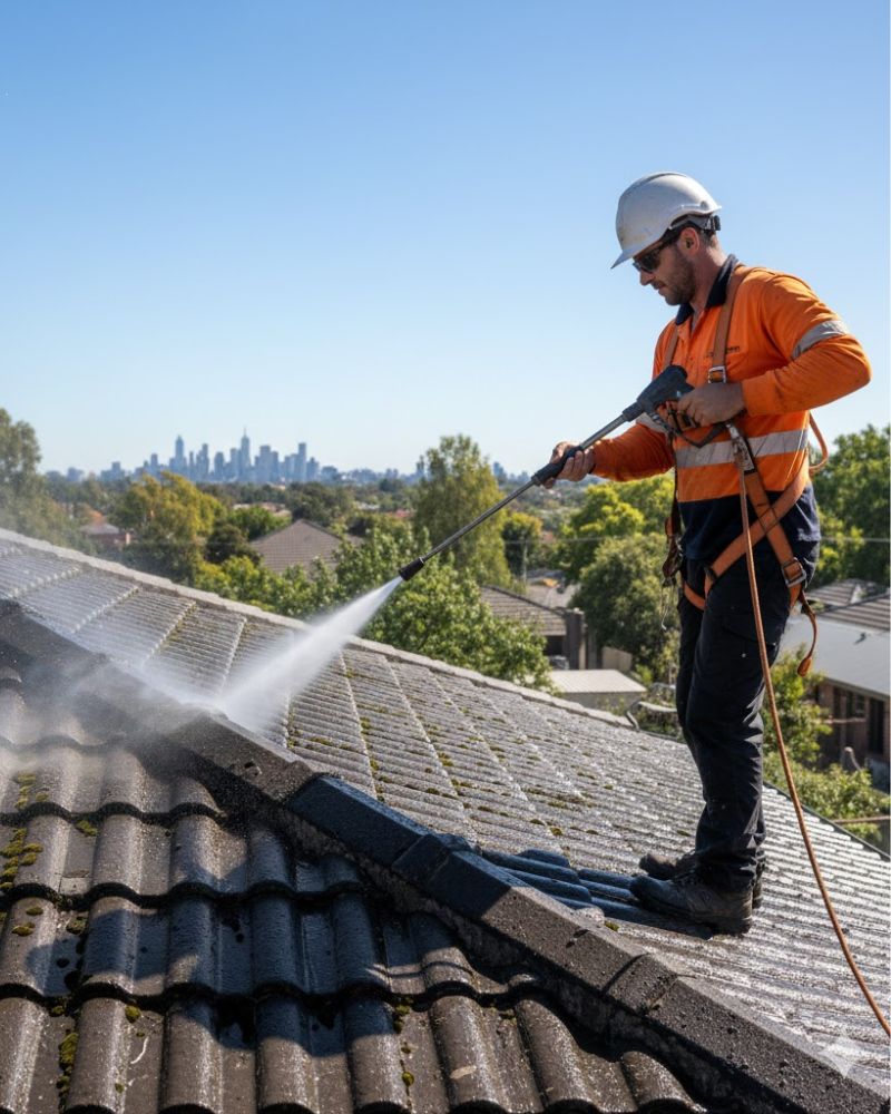 Tile roof cleaning Melbourne terracotta before after